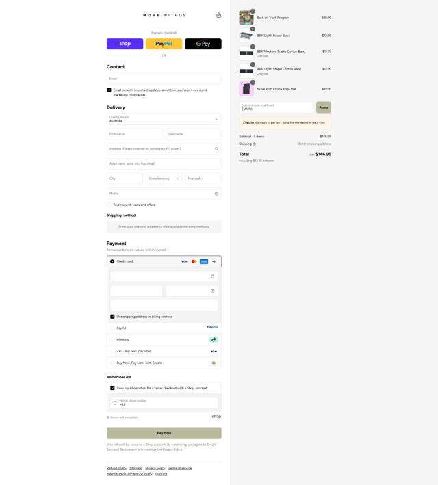 Move With Us checkout page showing Move With Us discount code box | Screenshot taken by SimplyCodes community member on Sep 12, 2025