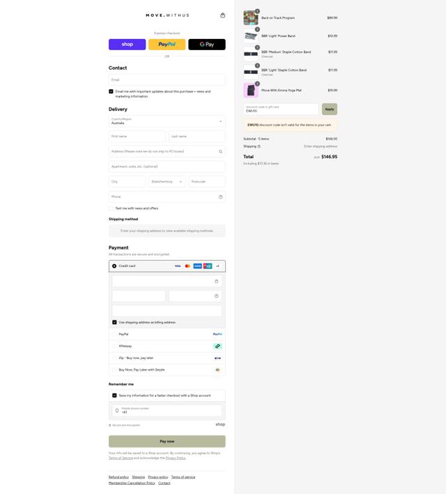 Move With Us checkout page showing Move With Us discount code box | Screenshot taken by SimplyCodes community member on Sep 9, 2025