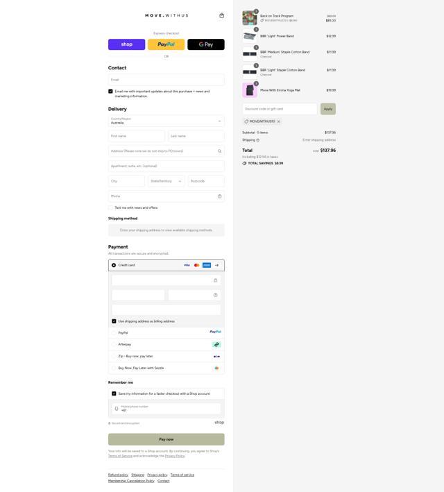 Move With Us checkout page showing Move With Us discount code box | Screenshot taken by SimplyCodes community member on Sep 12, 2025
