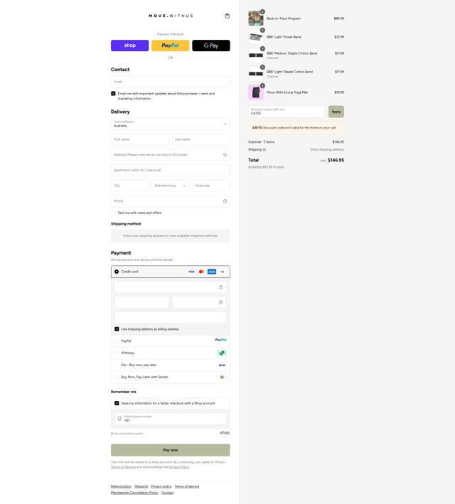 Move With Us checkout page showing Move With Us discount code box | Screenshot taken by SimplyCodes community member on Sep 12, 2025