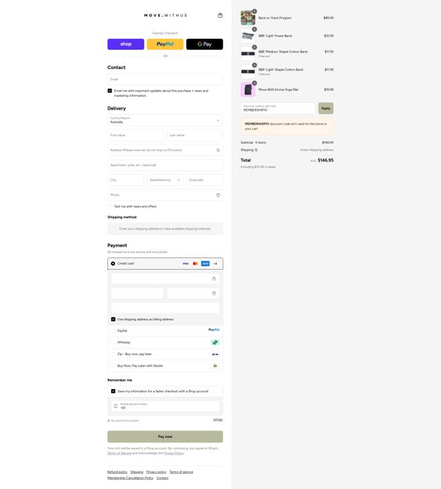 Move With Us checkout page showing Move With Us discount code box | Screenshot taken by SimplyCodes community member on Sep 12, 2025