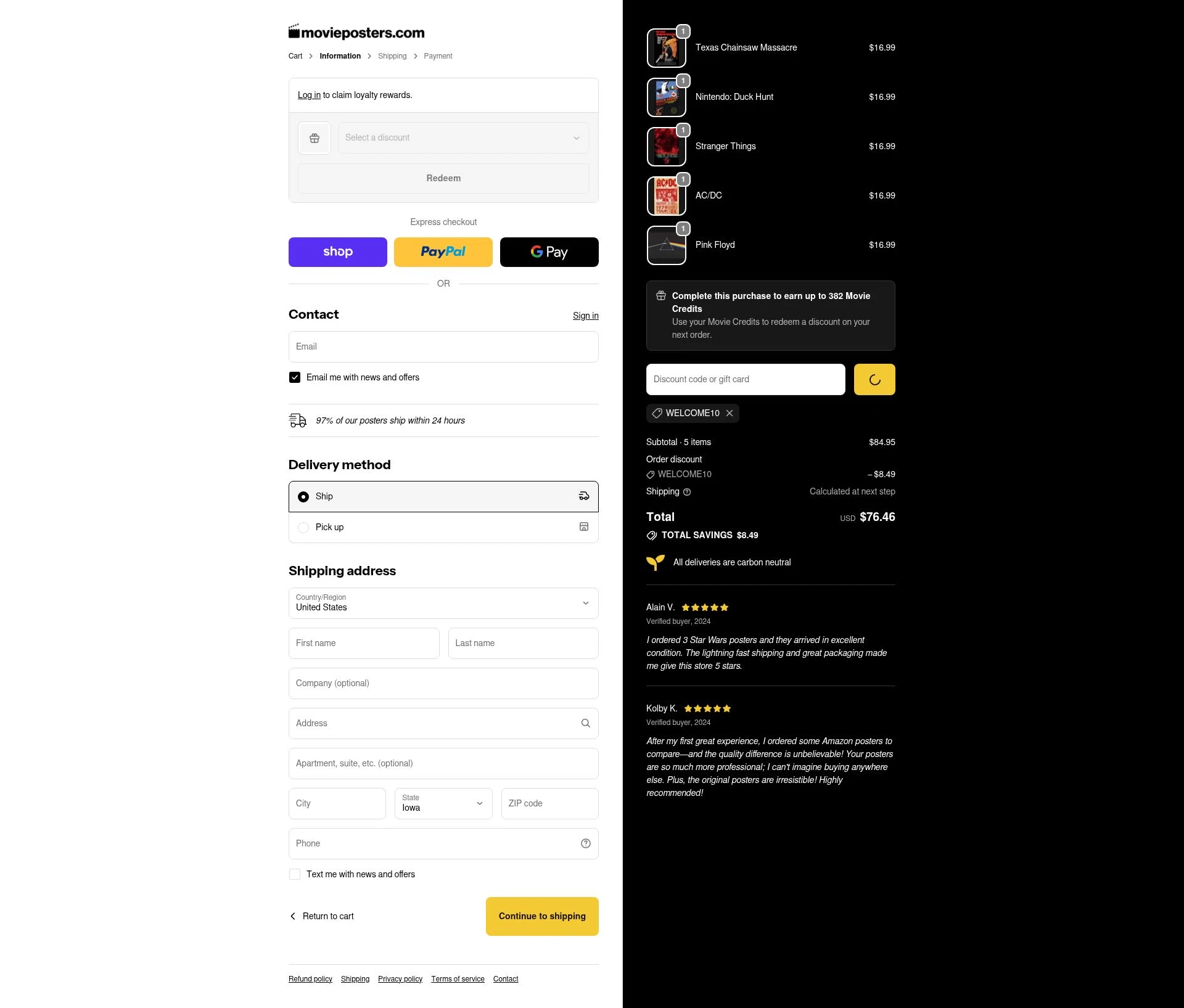 MoviePosters.com checkout page showing MoviePosters.com promo code box | Screenshot taken by SimplyCodes community member on Jan 31, 2026