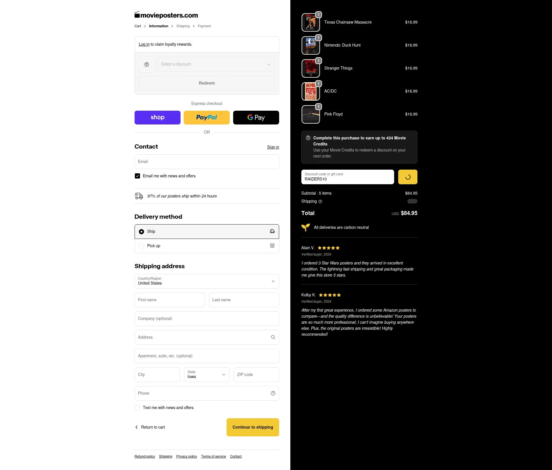 MoviePosters.com checkout page showing MoviePosters.com promo code box | Screenshot taken by SimplyCodes community member on Jan 31, 2026