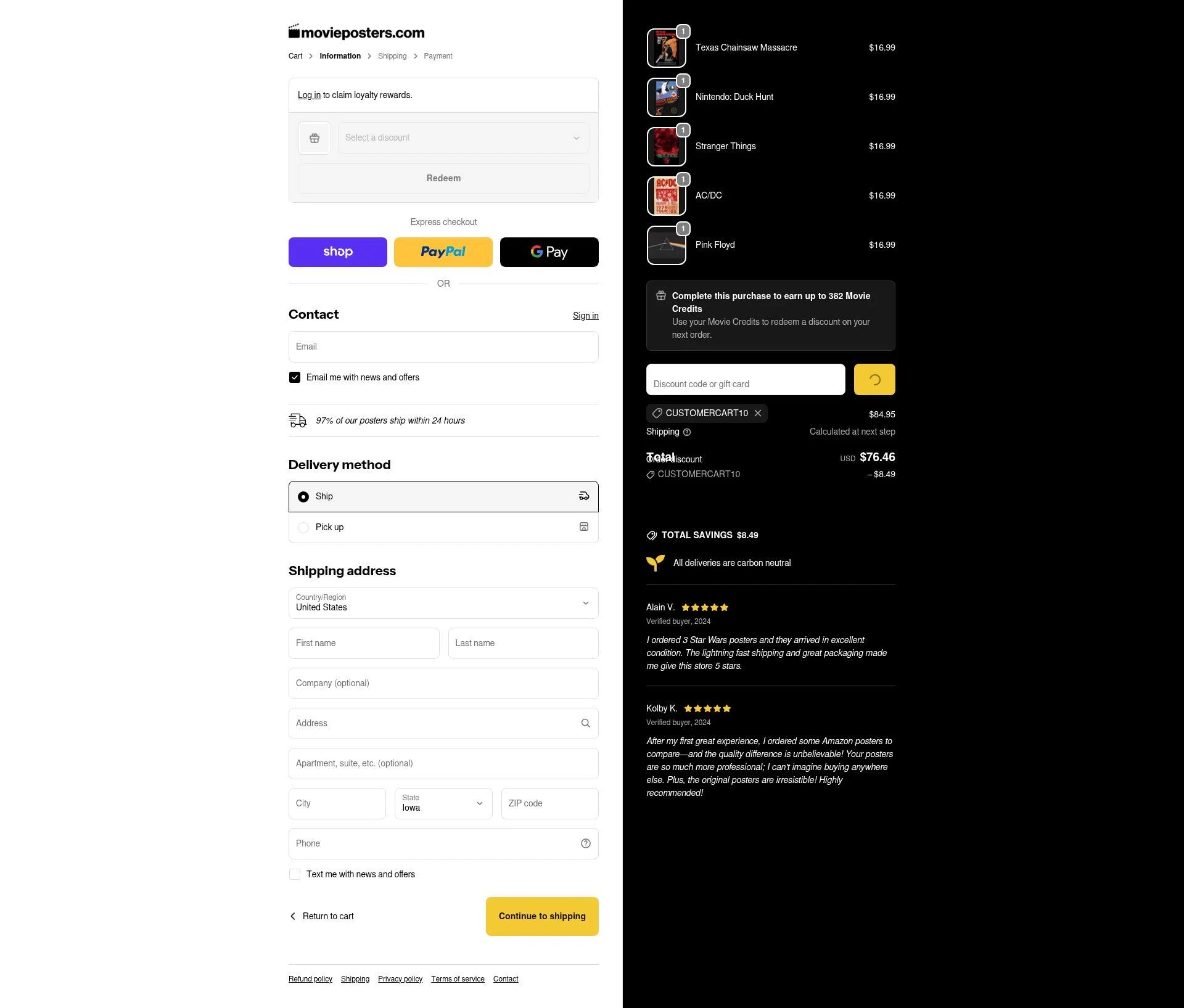 MoviePosters.com checkout page showing MoviePosters.com promo code box | Screenshot taken by SimplyCodes community member on Feb 5, 2026