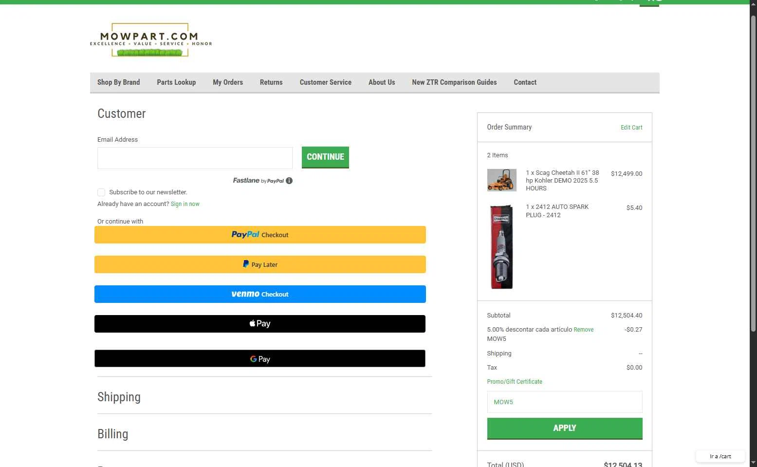 Mowpart checkout page showing Mowpart coupon code box | Screenshot taken by SimplyCodes community member on Sep 23, 2025