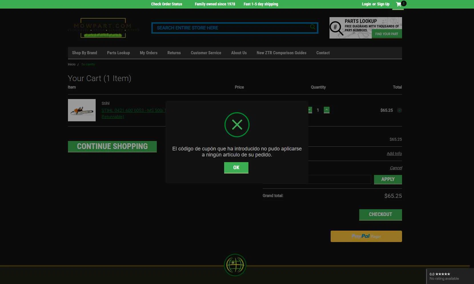 Mowpart checkout page showing Mowpart coupon code box | Screenshot taken by SimplyCodes community member on Aug 7, 2025