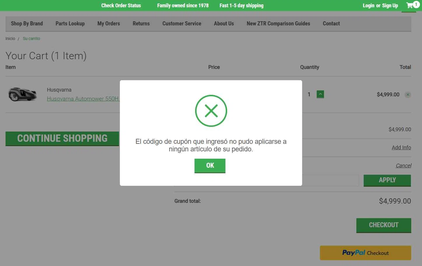 Mowpart checkout page showing Mowpart coupon code box | Screenshot taken by SimplyCodes community member on Aug 25, 2025