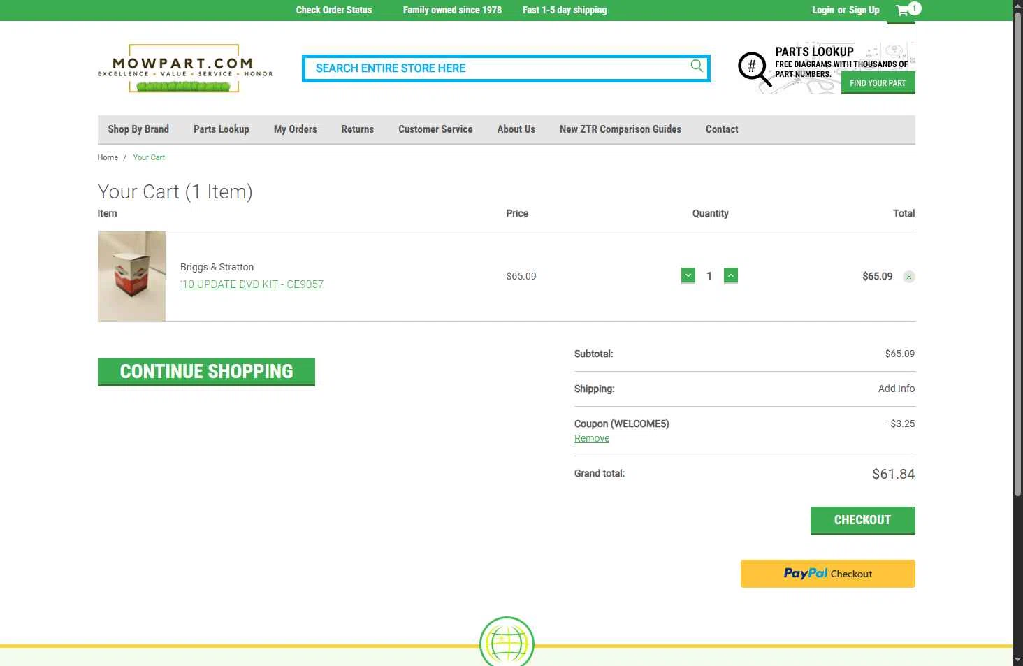 Mowpart checkout page showing Mowpart coupon code box | Screenshot taken by SimplyCodes community member on Jan 25, 2026