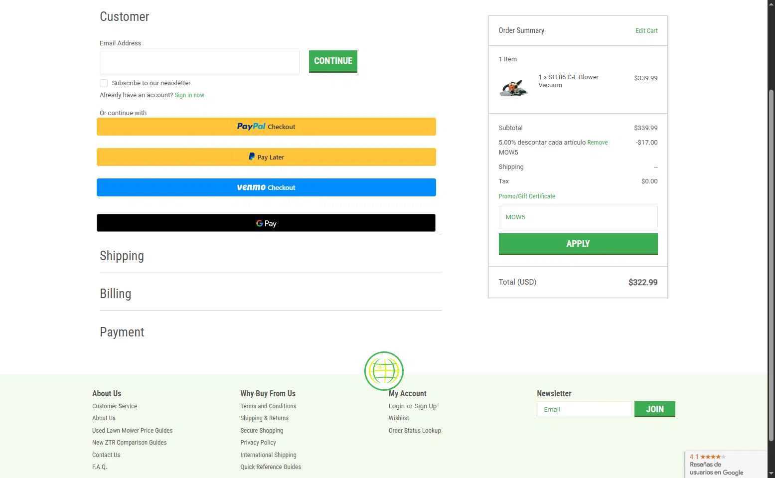 Mowpart checkout page showing Mowpart coupon code box | Screenshot taken by SimplyCodes community member on Jul 9, 2025