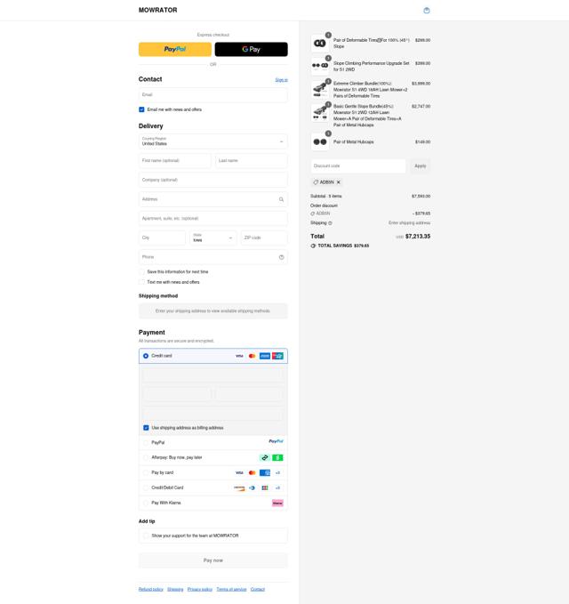Mowrator checkout page showing Mowrator discount code box | Screenshot taken by SimplyCodes community member on Sep 16, 2025