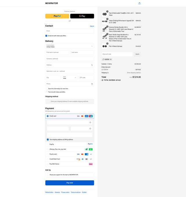 Mowrator checkout page showing Mowrator discount code box | Screenshot taken by SimplyCodes community member on Sep 16, 2025