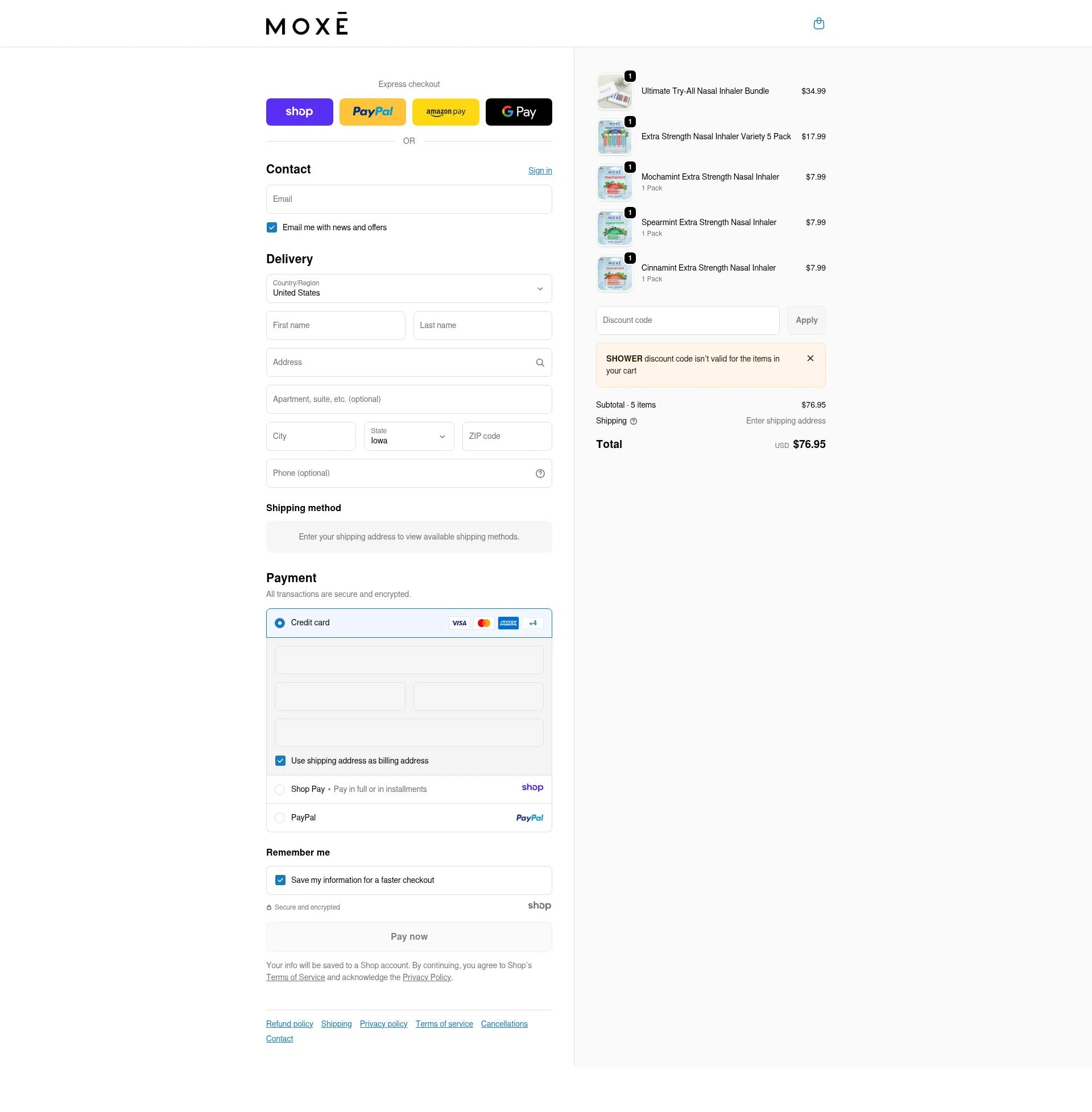 Moxe checkout page showing Moxe promo code box | Screenshot taken by SimplyCodes community member on Jan 1, 2026