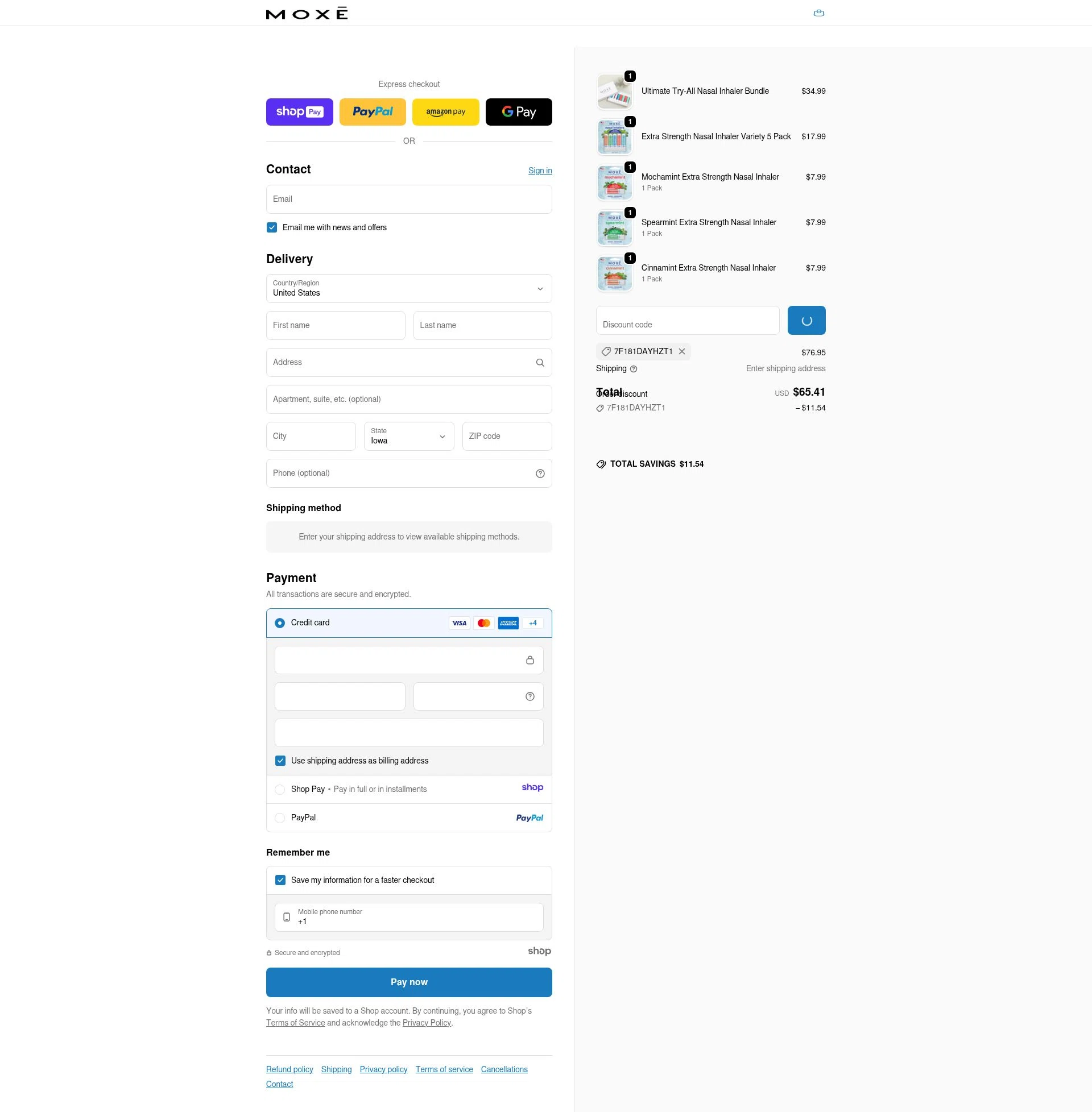 Moxe checkout page showing Moxe promo code box | Screenshot taken by SimplyCodes community member on Jan 7, 2026