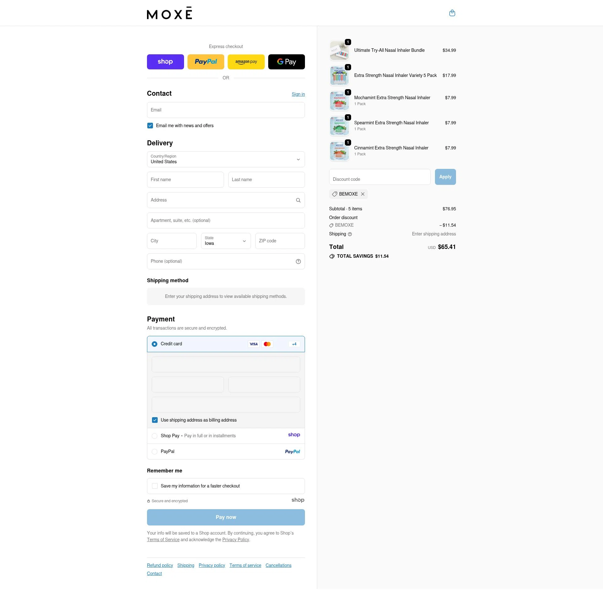 Moxe checkout page showing Moxe promo code box | Screenshot taken by SimplyCodes community member on Jan 1, 2026