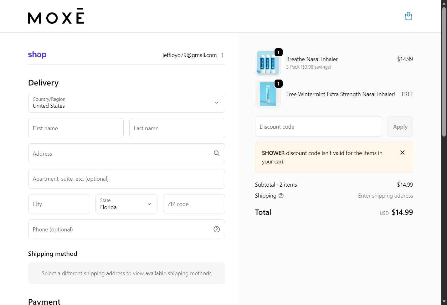 Moxe checkout page showing Moxe promo code box | Screenshot taken by SimplyCodes community member on Jan 1, 2026