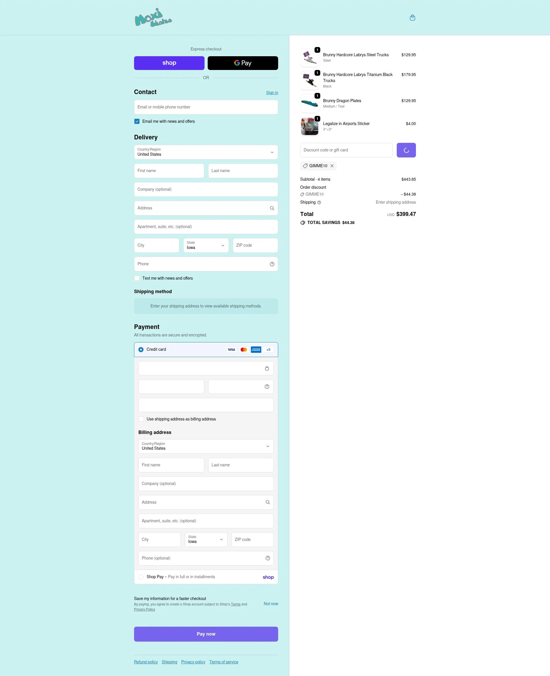 Moxi Roller Skates checkout page showing Moxi Roller Skates promo code box | Screenshot taken by SimplyCodes community member on Feb 18, 2026
