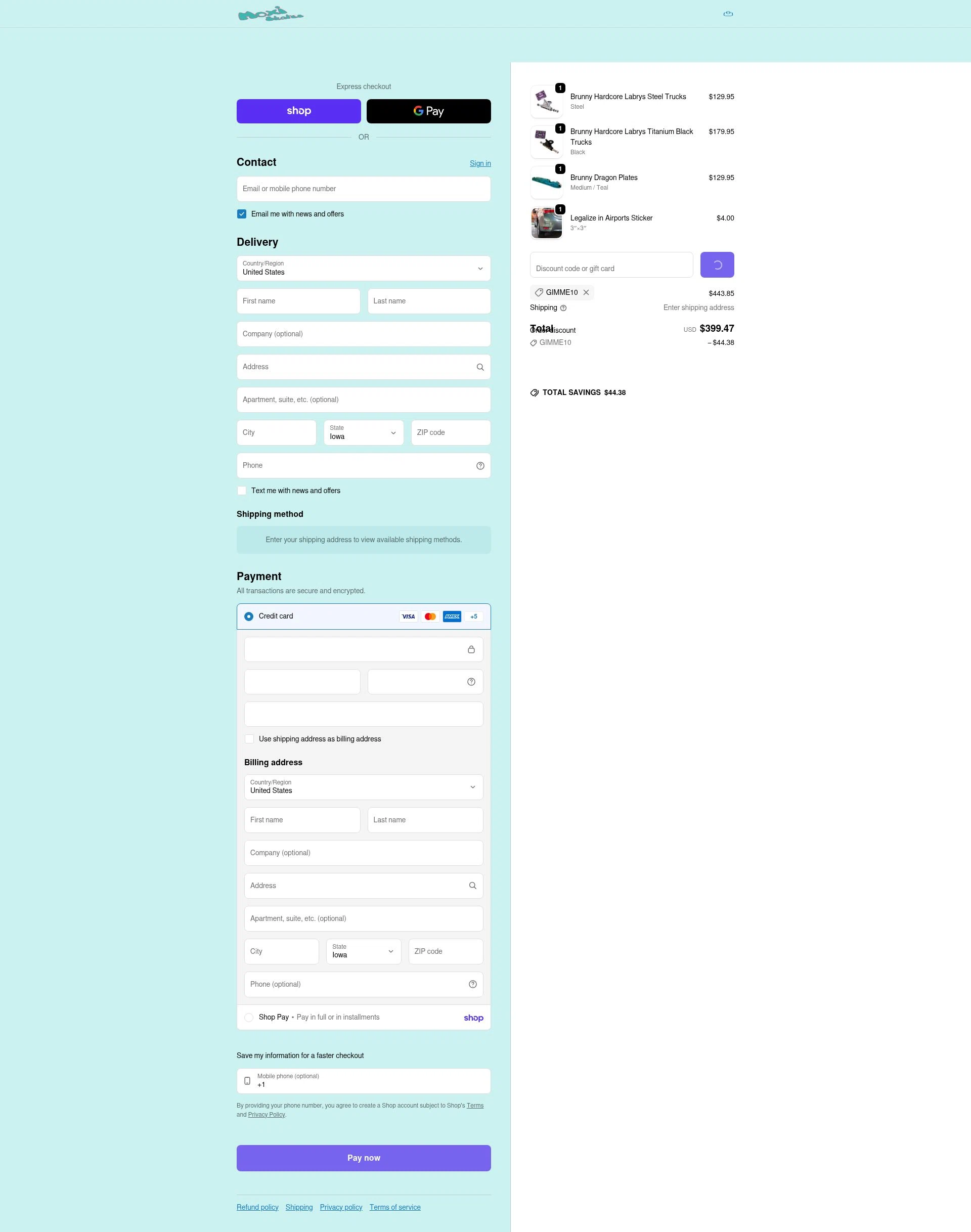 Moxi Roller Skates checkout page showing Moxi Roller Skates promo code box | Screenshot taken by SimplyCodes community member on Feb 14, 2026