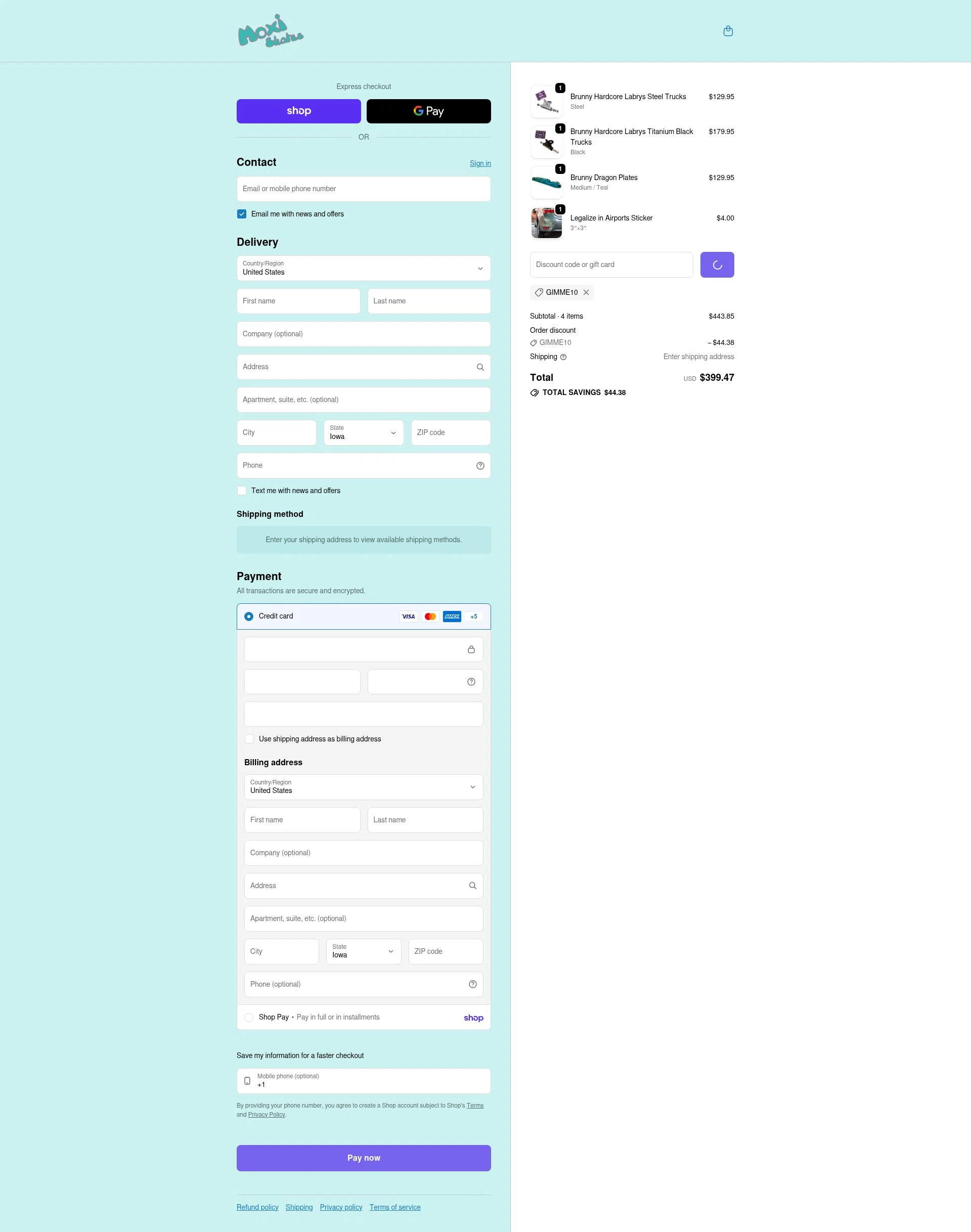 Moxi Roller Skates checkout page showing Moxi Roller Skates promo code box | Screenshot taken by SimplyCodes community member on Feb 1, 2026