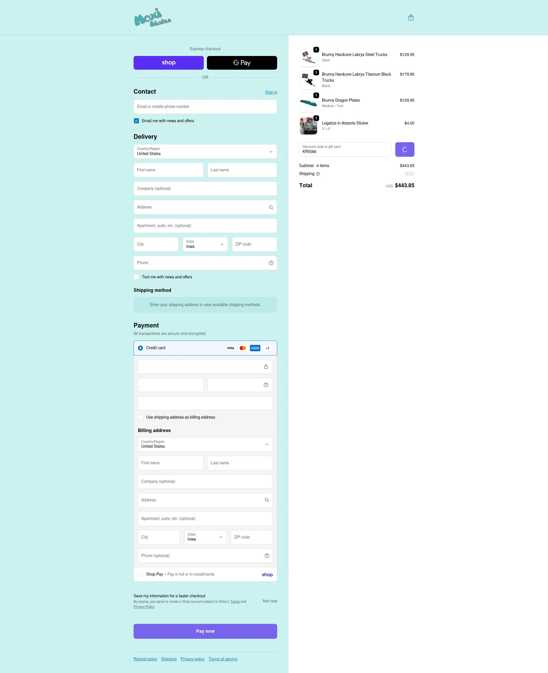 Moxi Roller Skates checkout page showing Moxi Roller Skates promo code box | Screenshot taken by SimplyCodes community member on Feb 18, 2026