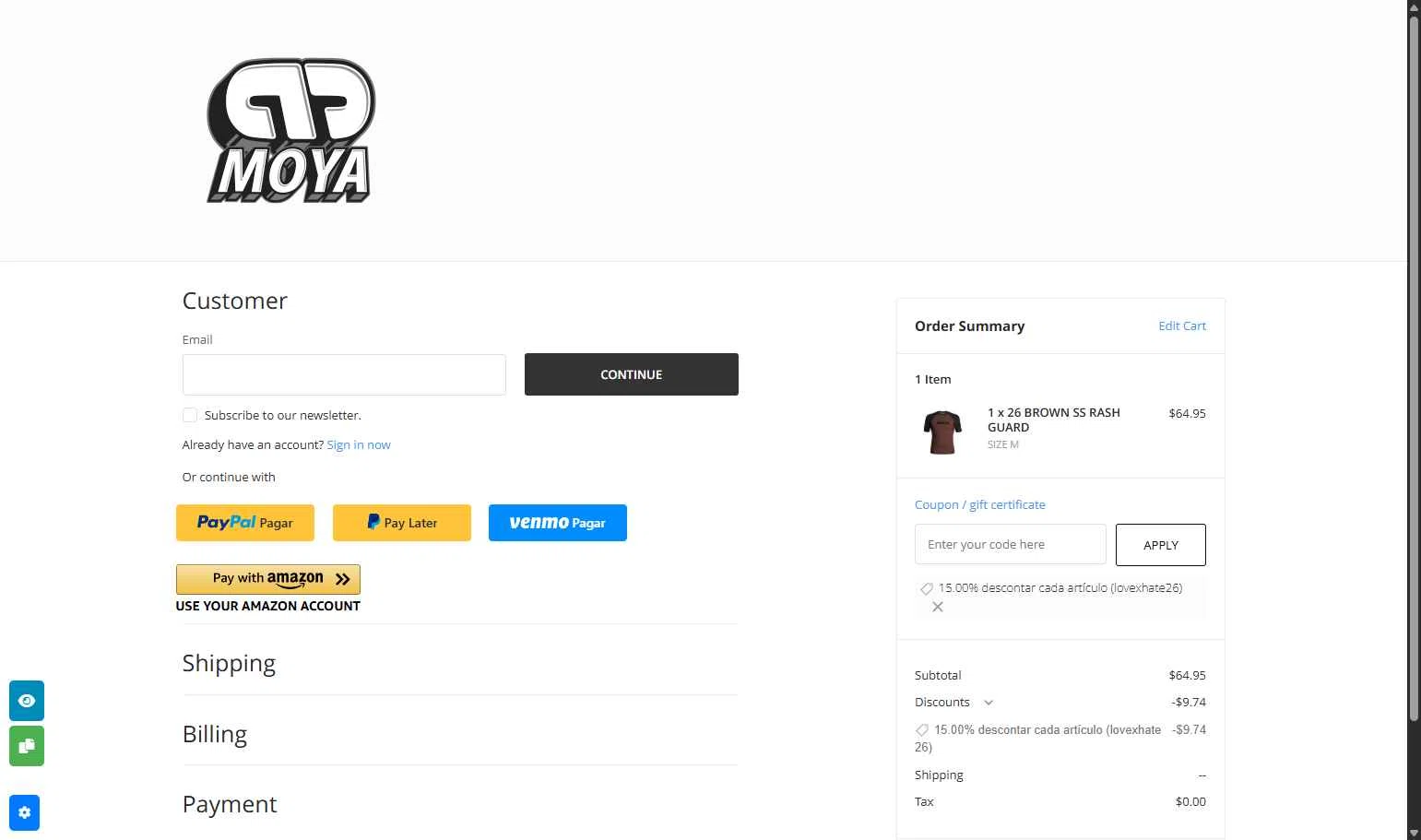 Moya Brand checkout page showing Moya Brand discount code box | Screenshot taken by SimplyCodes community member on Jan 21, 2026
