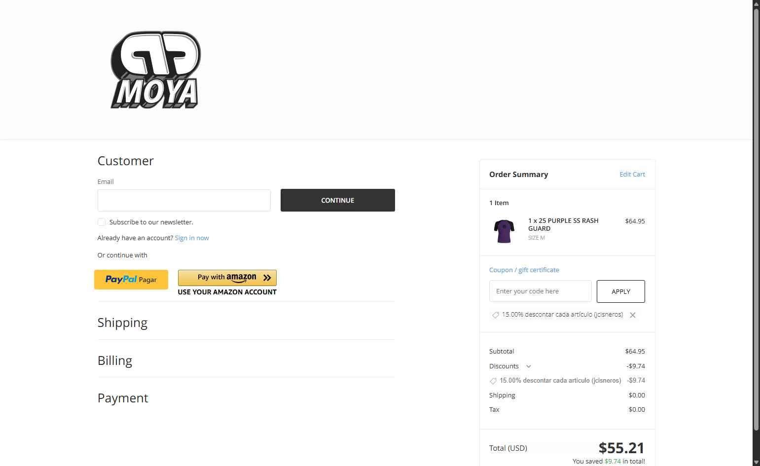 Moya Brand checkout page showing Moya Brand discount code box | Screenshot taken by SimplyCodes community member on Jan 9, 2026