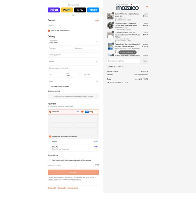 Mozaico checkout page showing Mozaico discount code box | Screenshot taken by SimplyCodes community member on Aug 25, 2025