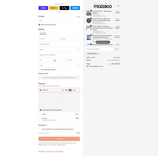 Mozaico checkout page showing Mozaico discount code box | Screenshot taken by SimplyCodes community member on Aug 29, 2025