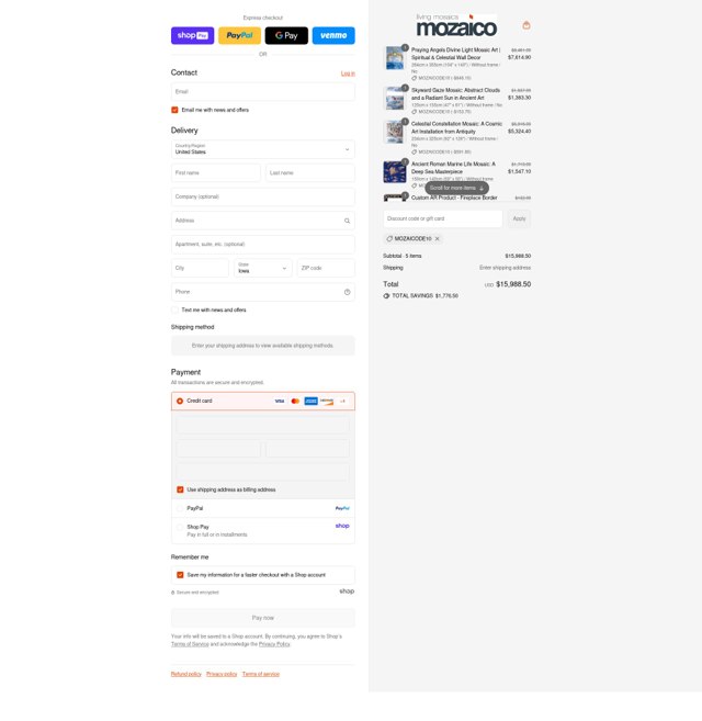 Mozaico checkout page showing Mozaico discount code box | Screenshot taken by SimplyCodes community member on Aug 20, 2025