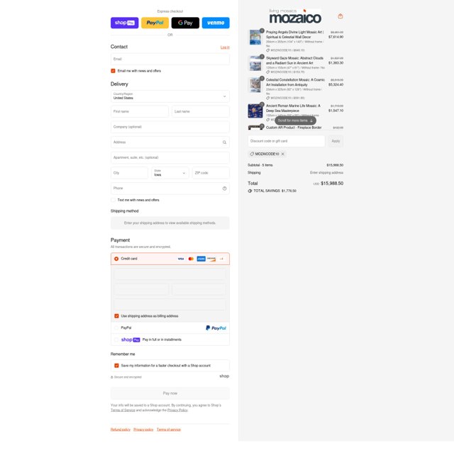 Mozaico checkout page showing Mozaico discount code box | Screenshot taken by SimplyCodes community member on Aug 3, 2025