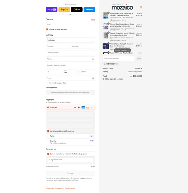 Mozaico checkout page showing Mozaico discount code box | Screenshot taken by SimplyCodes community member on Aug 15, 2025