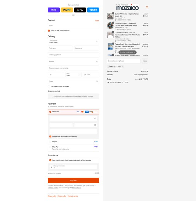 Mozaico checkout page showing Mozaico discount code box | Screenshot taken by SimplyCodes community member on Sep 2, 2025