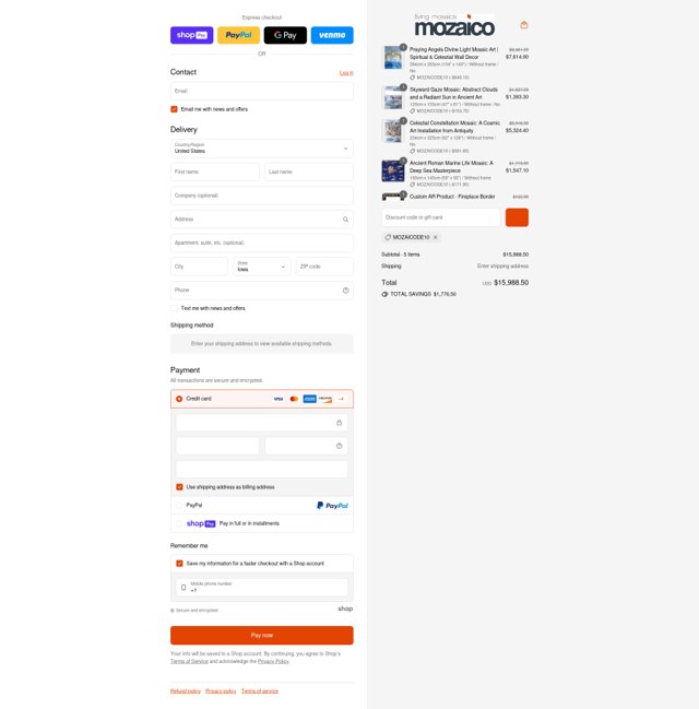 Mozaico checkout page showing Mozaico discount code box | Screenshot taken by SimplyCodes community member on Aug 11, 2025