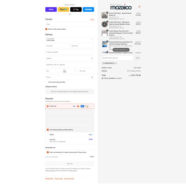 Mozaico checkout page showing Mozaico discount code box | Screenshot taken by SimplyCodes community member on Sep 6, 2025