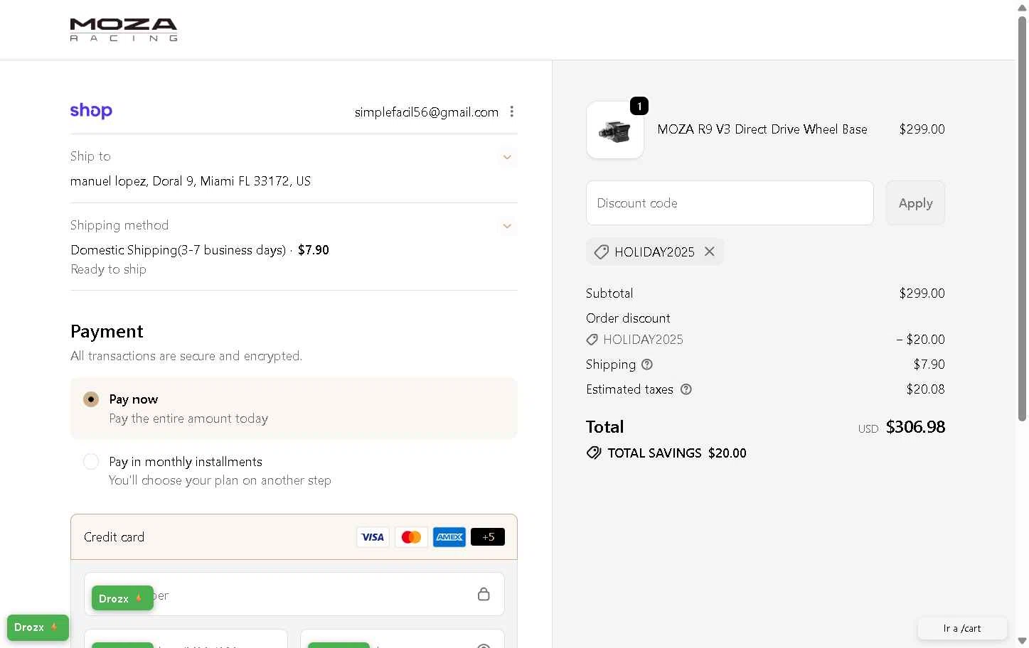 MOZA Racing checkout page showing MOZA Racing coupon code box | Screenshot taken by SimplyCodes community member on Dec 23, 2025