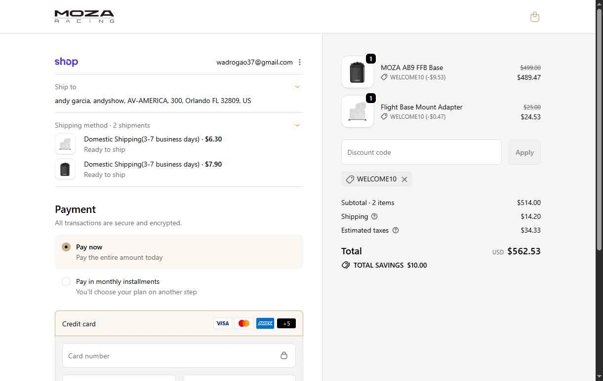 MOZA Racing checkout page showing MOZA Racing coupon code box | Screenshot taken by SimplyCodes community member on Jan 12, 2026