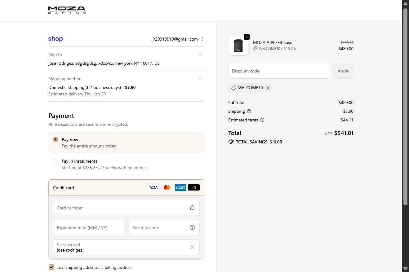 MOZA Racing checkout page showing MOZA Racing coupon code box | Screenshot taken by SimplyCodes community member on Jan 24, 2026