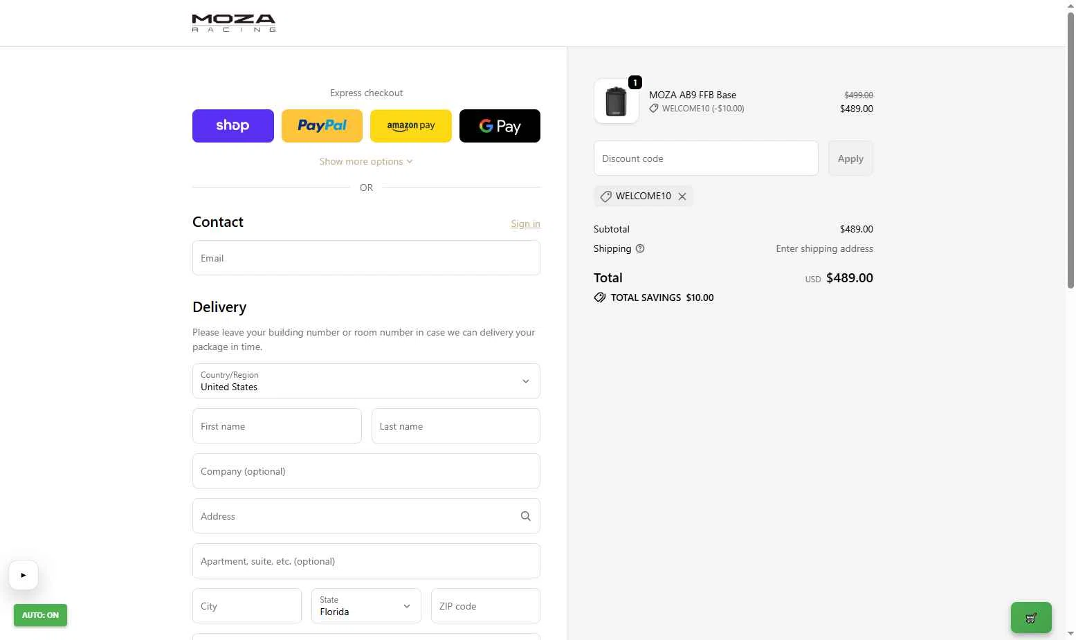 MOZA Racing checkout page showing MOZA Racing coupon code box | Screenshot taken by SimplyCodes community member on Jan 27, 2026