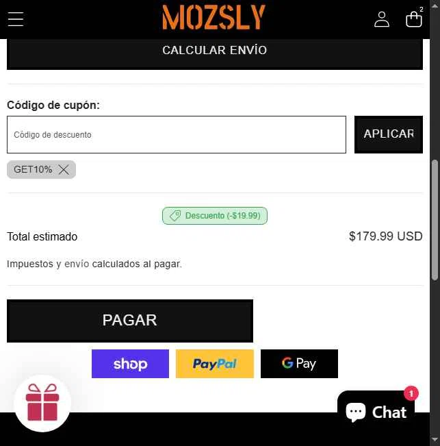 Mozsly checkout page showing Mozsly discount code box | Screenshot taken by SimplyCodes community member on Feb 21, 2026