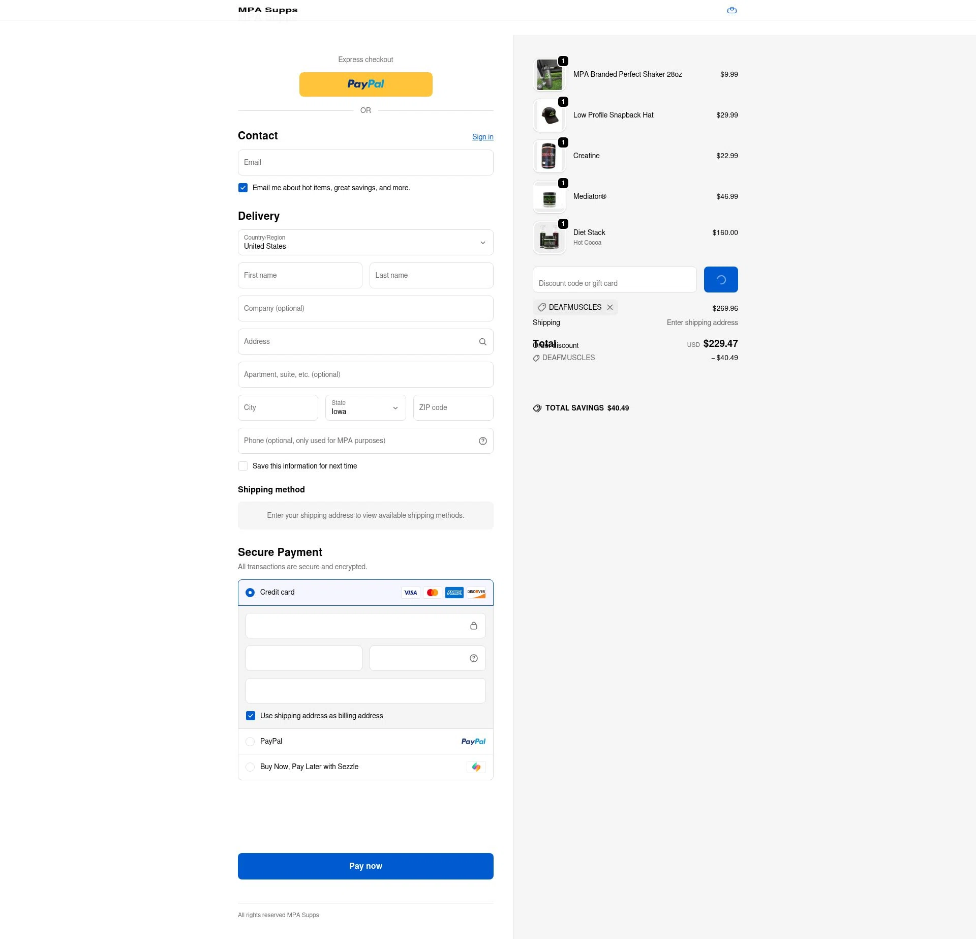 MPA Supps checkout page showing MPA Supps discount code box | Screenshot taken by SimplyCodes community member on Feb 9, 2026