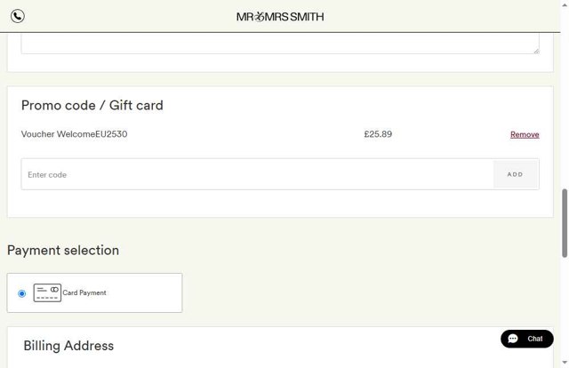 Mr and Mrs Smith checkout page showing Mr and Mrs Smith promo code box | Screenshot taken by SimplyCodes community member on Jul 7, 2025