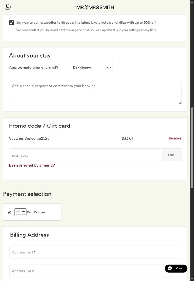 Mr and Mrs Smith checkout page showing Mr and Mrs Smith promo code box | Screenshot taken by SimplyCodes community member on Sep 4, 2025