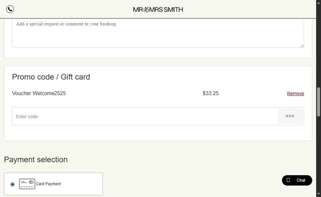 Mr and Mrs Smith checkout page showing Mr and Mrs Smith promo code box | Screenshot taken by SimplyCodes community member on Aug 6, 2025