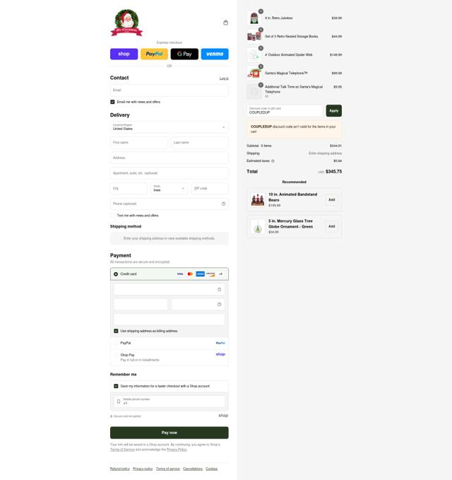 Mr. Christmas checkout page showing Mr. Christmas promo code box | Screenshot taken by SimplyCodes community member on Sep 8, 2025