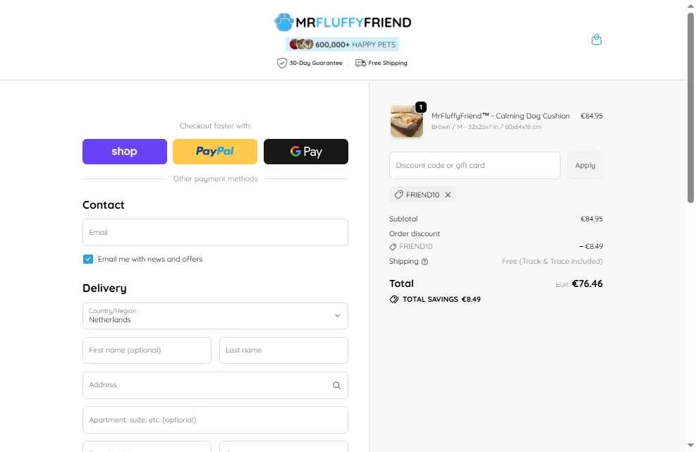 MrFluppyFriend checkout page showing MrFluppyFriend promo code box | Screenshot taken by SimplyCodes community member on Jan 23, 2026