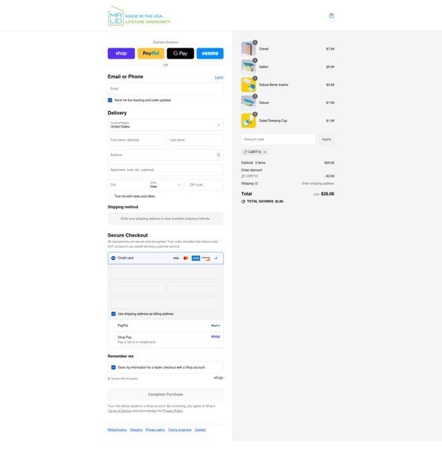 Mr. Lid checkout page showing Mr. Lid discount code box | Screenshot taken by SimplyCodes community member on Aug 29, 2025