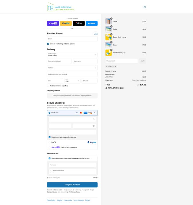 Mr. Lid checkout page showing Mr. Lid discount code box | Screenshot taken by SimplyCodes community member on Aug 8, 2025