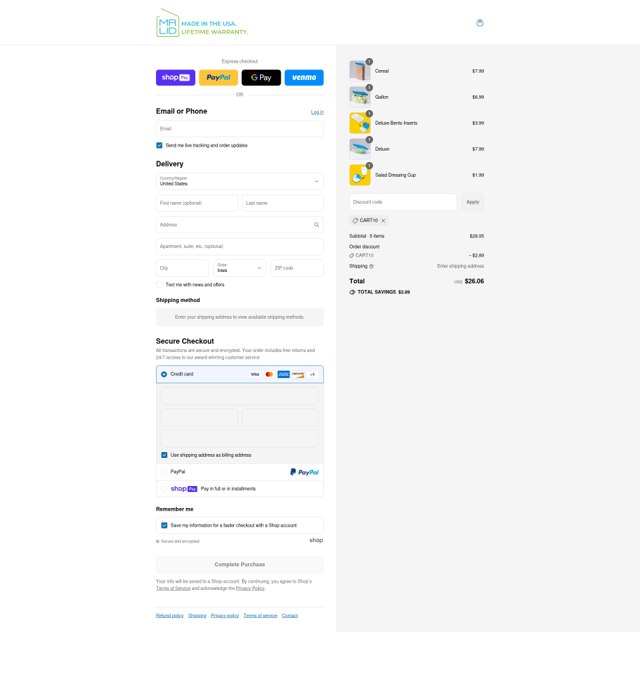 Mr. Lid checkout page showing Mr. Lid discount code box | Screenshot taken by SimplyCodes community member on Jul 30, 2025