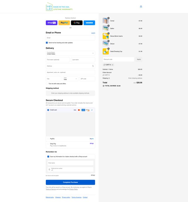 Mr. Lid checkout page showing Mr. Lid discount code box | Screenshot taken by SimplyCodes community member on Aug 25, 2025