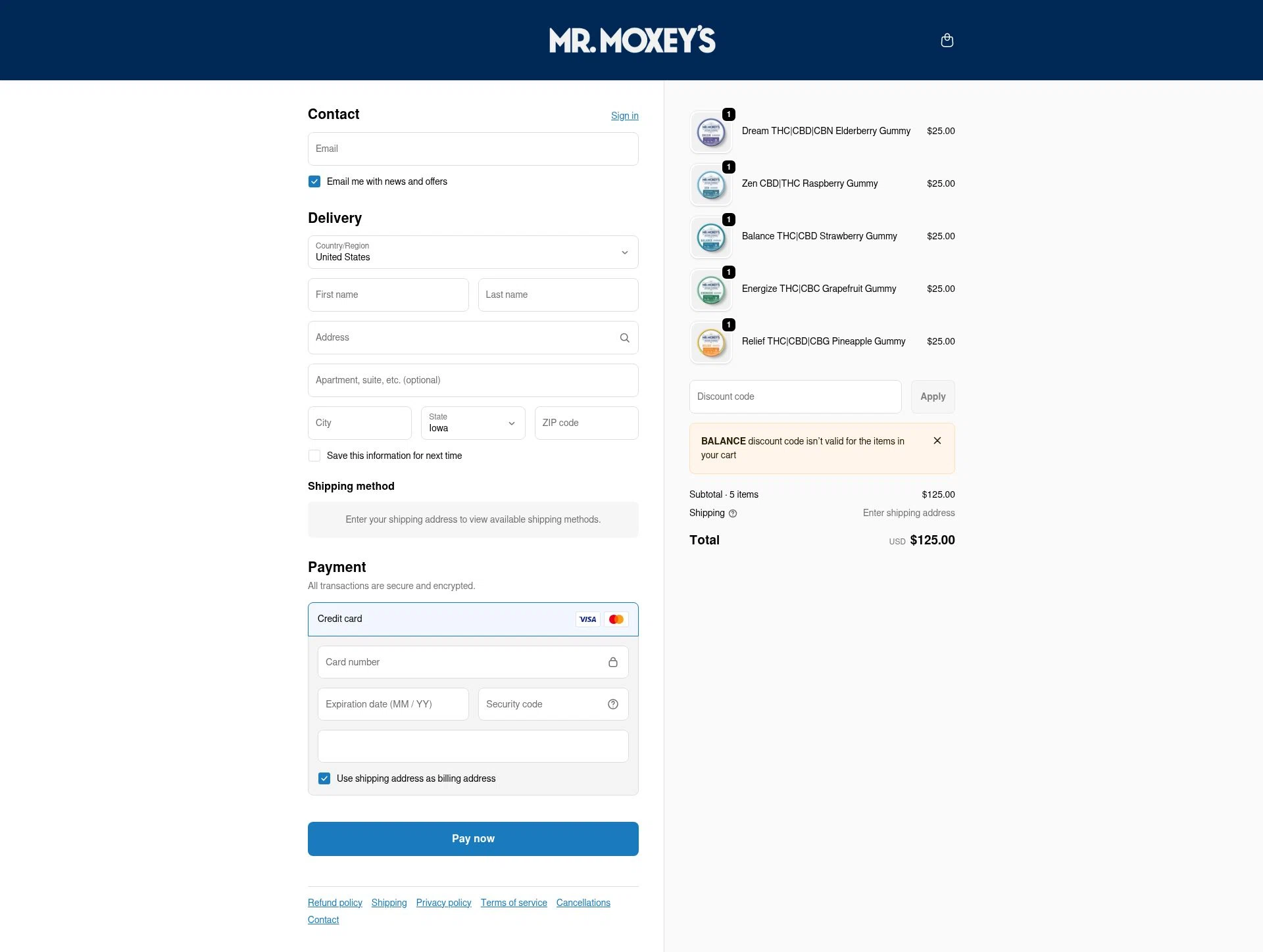 Mr. Moxey's checkout page showing Mr. Moxey's promo code box | Screenshot taken by SimplyCodes community member on Feb 13, 2026