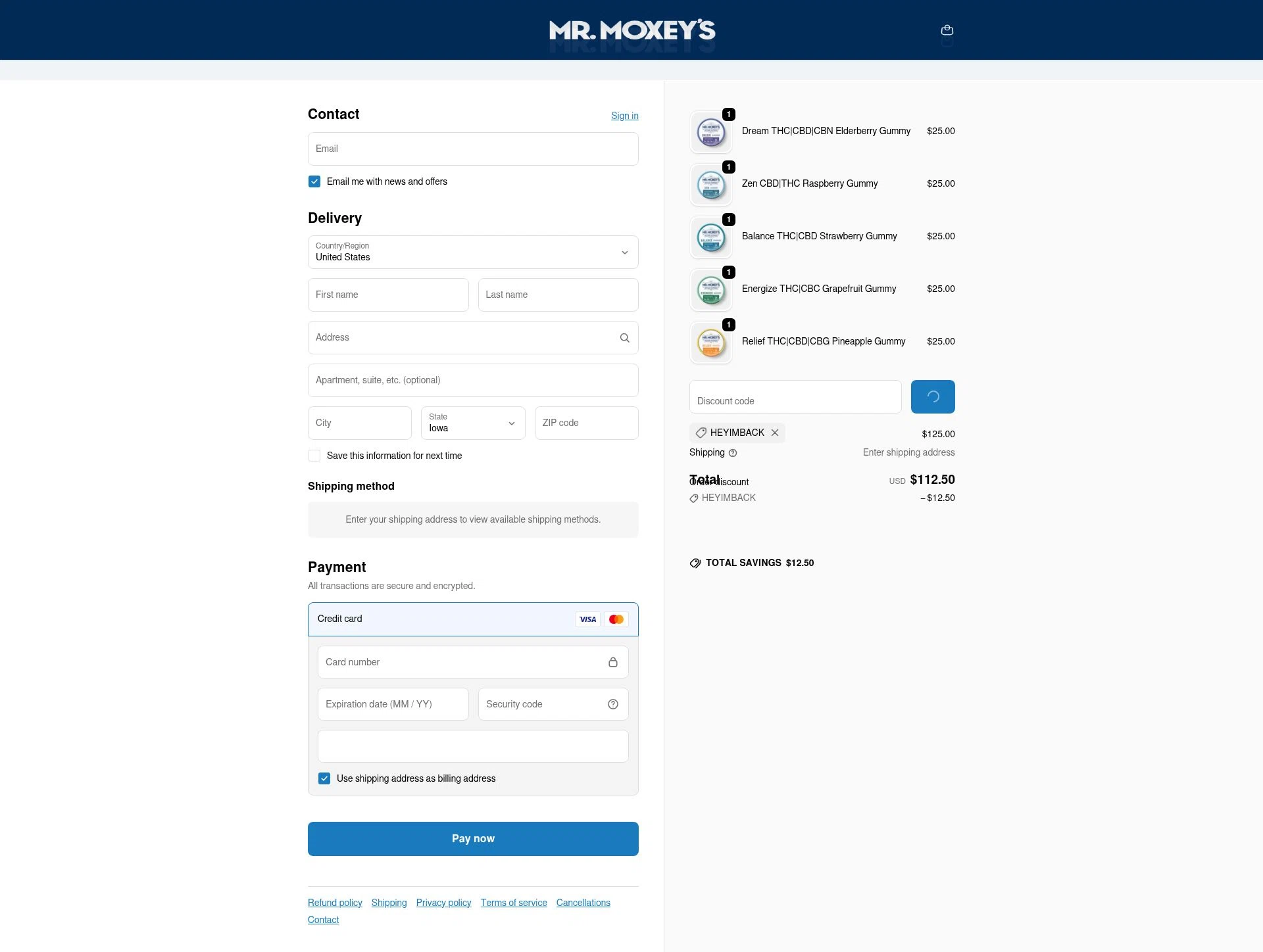 Mr. Moxey's checkout page showing Mr. Moxey's promo code box | Screenshot taken by SimplyCodes community member on Feb 9, 2026